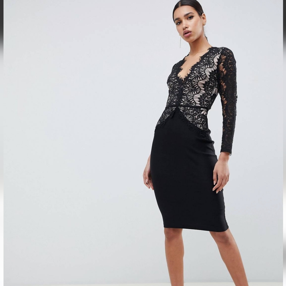 London Limited Edition V-Neck Bodycon Midi Dress Scalloped Lace Motoboho GODDESS - Picture 12 of 16
